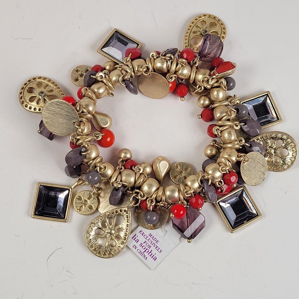 Lia Sophia Charm Stretch Bracelet Gold Tone Red‎ Purple Bead Statement Jewelry